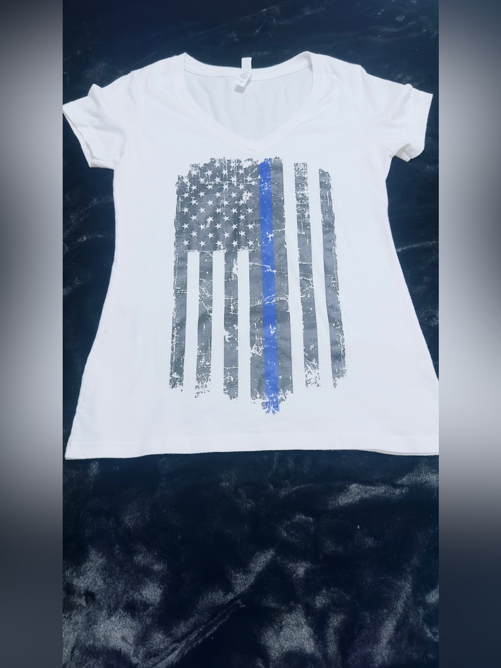 Women's Back the Blue White Graphic V-Neck Tee American Flag Thin Blue Line